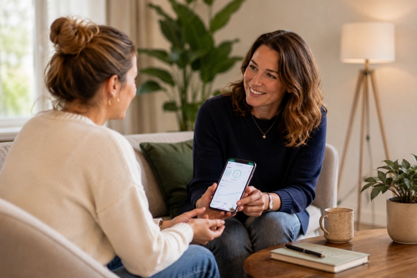 Professional en deelnemer in gesprek naast elkaar op de bank